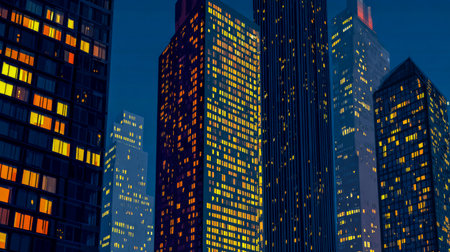 Night skyscrapers with golden windows against deep blue sky. City rhythm of light.の素材