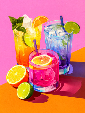 Neon summer cocktails on pink orange surface with citrus garnish. Tropical bar drinks.の素材