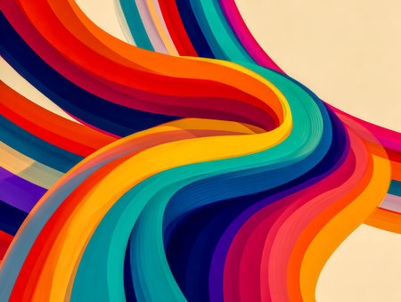 abstract, wave, color, motion, vibrancy, energy, dynamic, brightness, depth, smooth, gradient, lines, creativity, art, background, style, composition, spectrum, trend, empty, indoor, night, contrast, saturation, form, curve, expression, modern, rhythm, vibration, soft, digital, texture, intensity, tone, atmosphere, flexibility, fluidity, multicolor, chromatic, abstracted, concept, emotion, aesthetic, flowWide colorful bands curve smoothly across a pale backdrop creating a gentle modern rhythm. The blend of warm and cool hues adds a harmonious abstract atmosphere with a calm contemporary feel.の素材