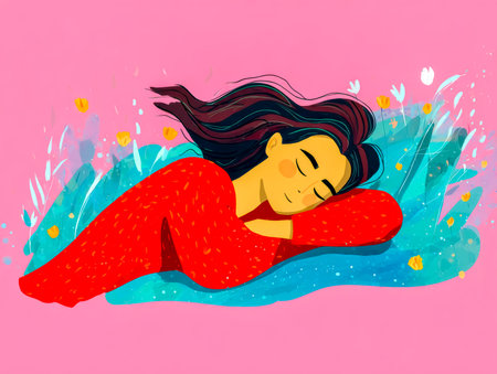 Woman drifting into peaceful sleep among soft colors. Peaceful sleep woman.の素材