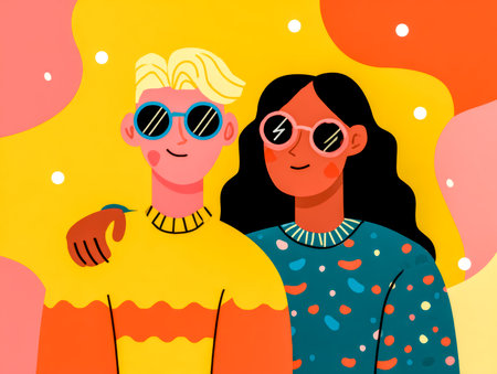 Two people in a warm wave of colorful joy. Sunny vibe together.の素材