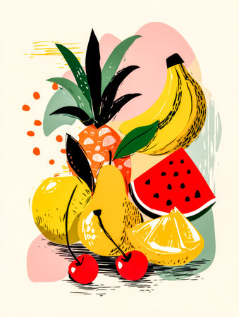 Vibrant fruits in a dynamic abstract style. Juicy rhythm of the day.の素材