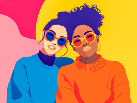 Two women in vibrant outfits sharing calm closeness. Friends style warmth.の素材