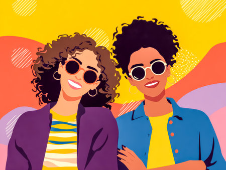 Two women smiling together in bright sunny vibes. Friendship women joy.の素材