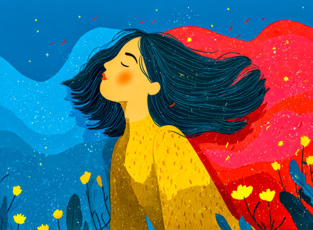 Woman in deep calm within abstract flowing waves. Dreamy calm woman.の素材