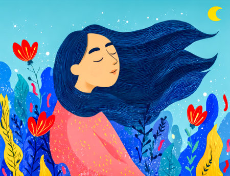 Woman resting in quiet nature under dreamy night vibes. Calm woman nature.の素材