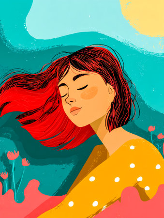 Woman resting in warm sunlight with flowing colors. Calm woman sunshine.の素材