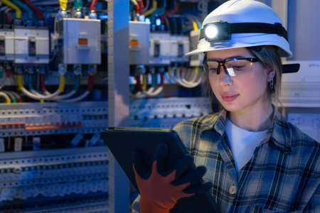 Woman electrician checks switchgear and reads tablet data. Close control.の写真素材