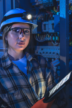 Female electrician in a helmet poses by a switchboard with a tablet. Tech portrait.