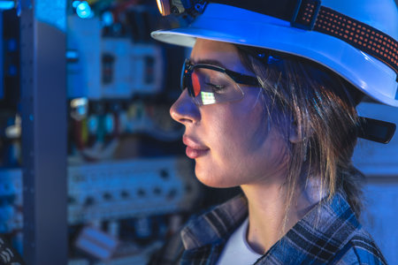 Female electrician in profile works in blue light in a technical room. Night inspection.