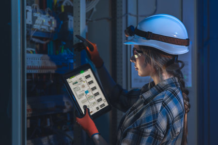 Female electrician holds tablet and points at switchgear in blue light. Night service.
