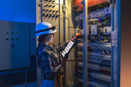 Woman electrician audits switchgear with tablet. Smart maintenance.