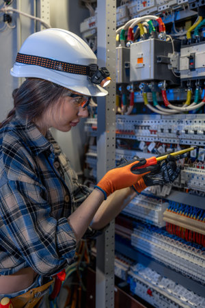 Woman electrician services an industrial switchboard indoors. Technical service.