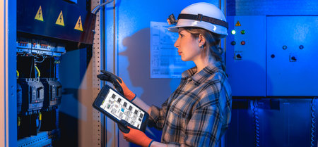 Woman engineer points at switchboard during inspection. Module check.