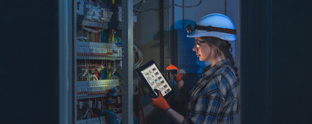 Female technician using tablet to inspect electrical system. Woman technician digital monitoring.
