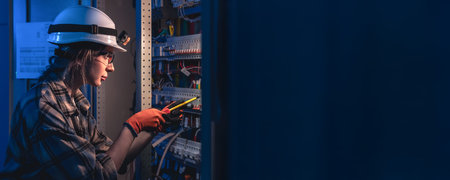 Female electrician repairing electrical panel in blue light. Woman industrial electrician.