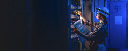 Female engineer inspecting panel with plans in industrial room. Woman energy engineer.