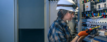 Female checking electrical panel with screwdriver in server room. Electrician repair safety.