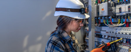 Female repairing electrical panel with screwdriver in technical room. Electrician service safety.
