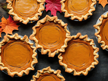 Freshly baked pumpkin pies for Thanksgiving with autumn leavesの写真素材