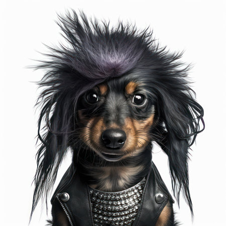 Dachshund dog with black hair and leather jacket, isolated on whiteの素材