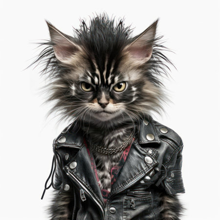maine coon kitten in leather jacket isolated on white background.の素材