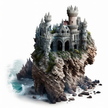 Fantasy castle on the rocks on a white background. 3d illustrationの素材
