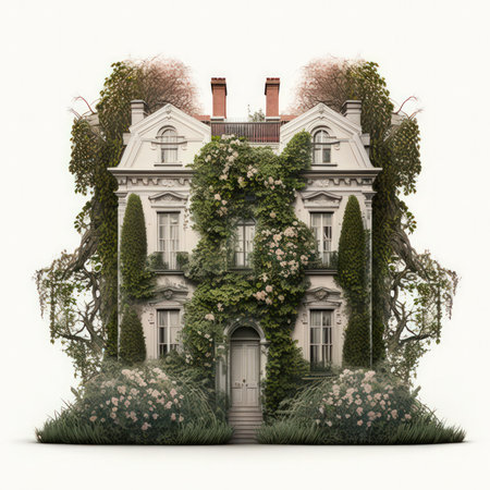 House with ivy on a white background. 3D illustration.の素材