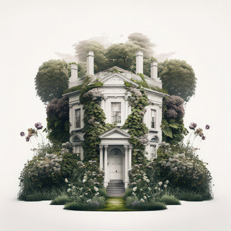 Garden with a beautiful old house in the style of fantasy.の素材