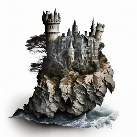 Fantasy castle on a cliff. 3D illustration. White background.の素材