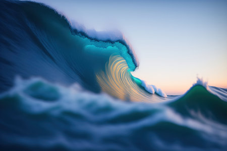 Surfing wave in ocean at sunset. 3D Rendering.の素材