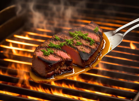 Grilled beef steak on a fork on a barbecue grill with flamesの素材
