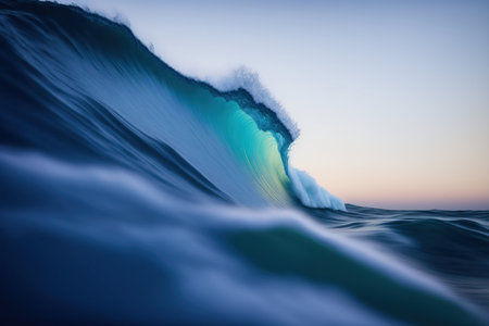 Blue ocean wave with turquoise water and blue sky at sunsetの素材