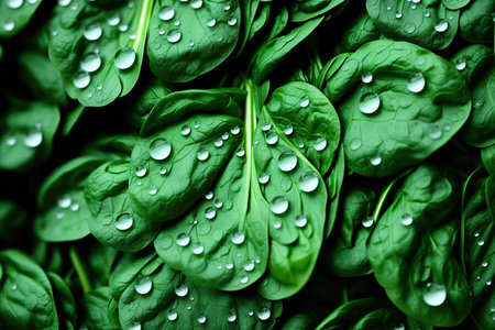 Fresh green spinach leaves with water drops, close-up. Healthy food conceptの素材