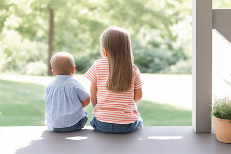 Cute little children sitting on table in park at summer day. Back viewの素材