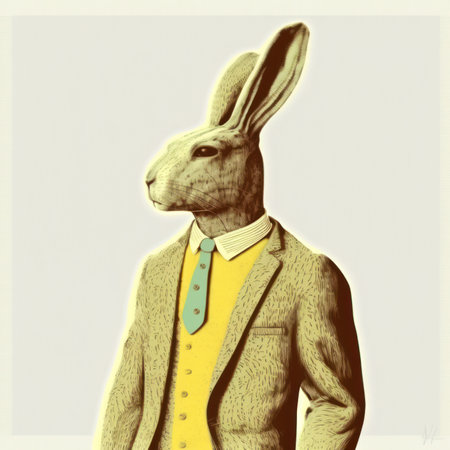 Retro style image of a rabbit wearing a suit and tie.の素材