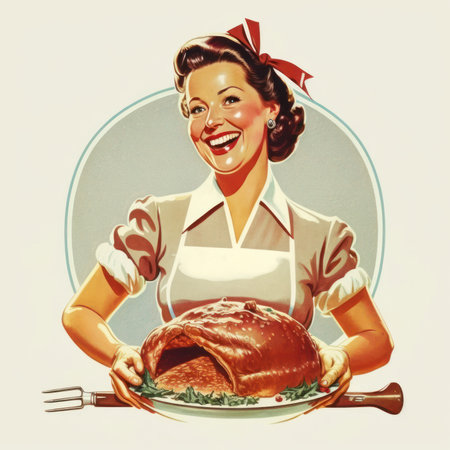 Smiling woman with a roast turkey on a plate. Retro style.の素材
