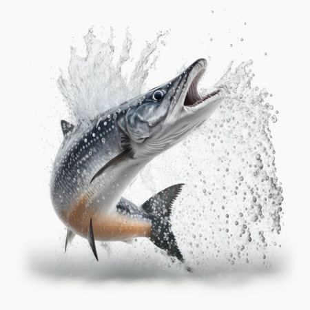 Salmon jumping out of water with splashes on a white backgroundの素材