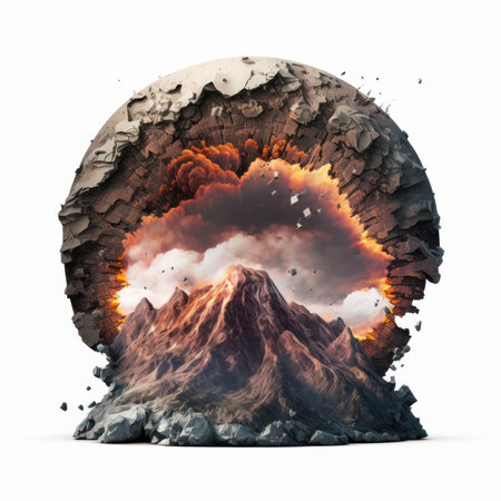 Volcanic eruption of volcano on white background. 3D illustrationの素材