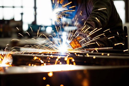 Industrial worker working with electric arc welding machine to weld steel at factoryの素材