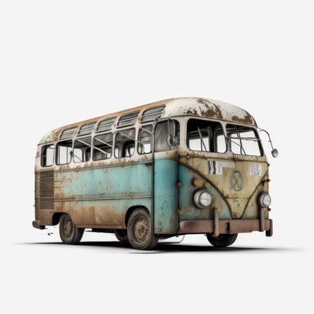 Old rusty bus on a white background. 3d rendering with shadowの素材