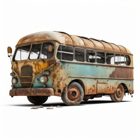 Old rusty bus isolated on white background. 3D illustration with clipping pathの素材
