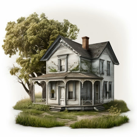 3d illustration of an old house in a grassy landscape.の素材