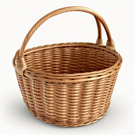 Wicker basket isolated on white background. 3D illustration. Full depth of field.の素材