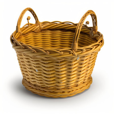 Empty wicker basket isolated on white background. 3D illustration.の素材