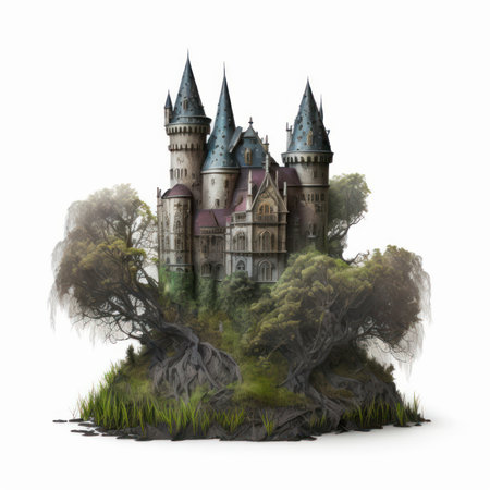 Fantasy castle with trees and grass isolated on white background 3d illustrationの素材