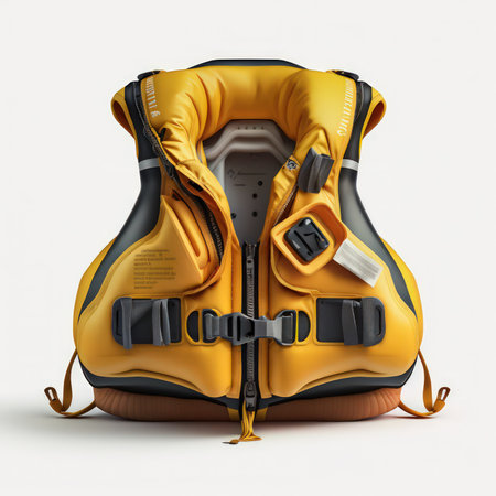 Yellow backpack isolated on a white background. 3d render illustration.の素材