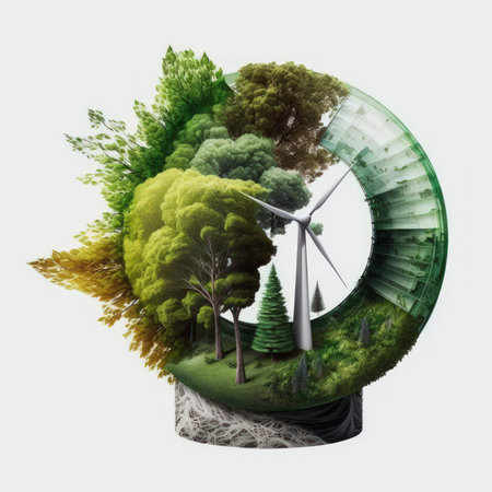 Ecology concept with wind turbine and trees. 3D illustration.の素材