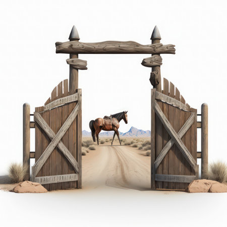 Wooden gate in the desert with a horse on a white backgroundの素材