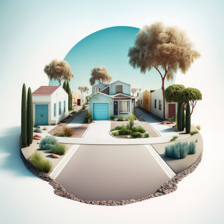 3D render of a modern house in the desert with trees and bushesの素材